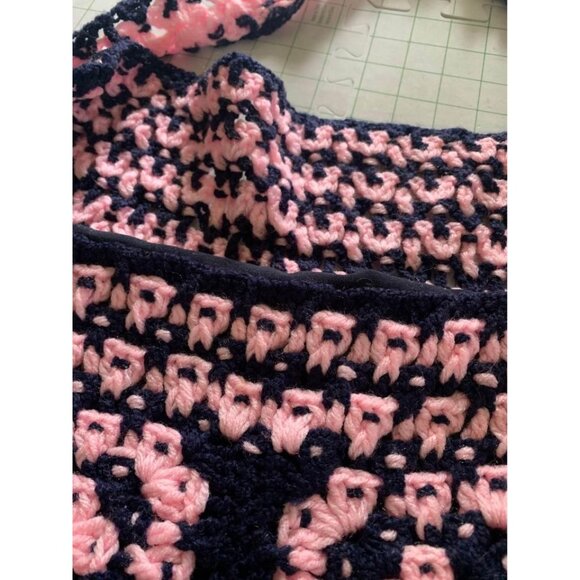 Handmade Pink & Navy Hand Crocheted Fabric Lined Handbag - Picture 10 of 14